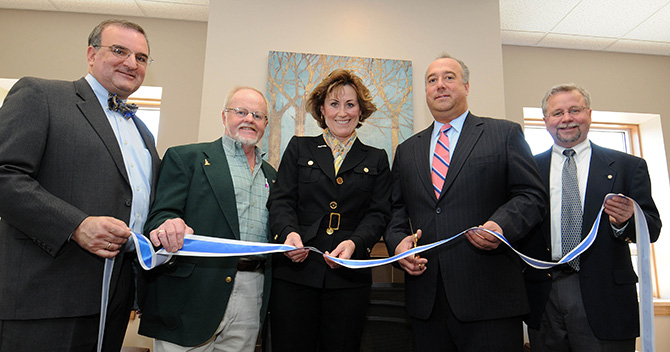 Left to Right: Centennial Senior Center Vice Chair Mark Rouvalis, Centennial Senior Center Facilities Chair Joe Kasper, Centennial Senior Center Executive Director Vivien Green, Mayor Jim Bouley and President of the Greater Concord Chamber of Commerce Tim Sink.